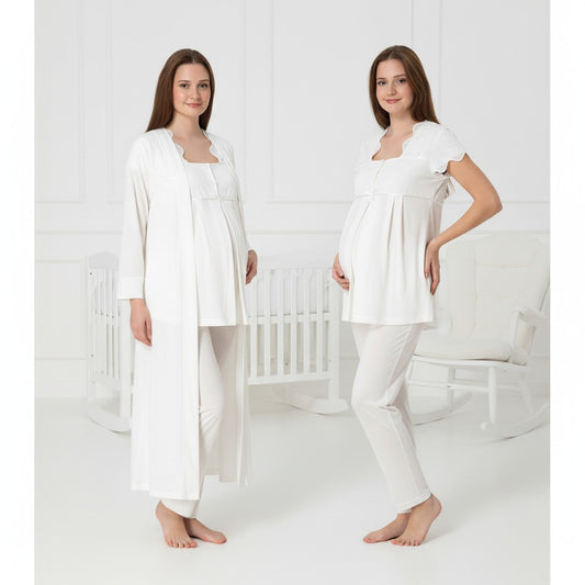 White 4-piece maternity set by Mini Plum – soft cotton modal and square neck, maternity & nursing