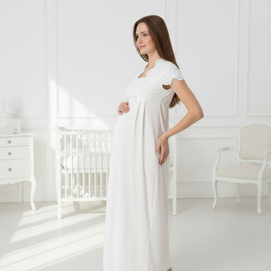 White nightie & robe set by Mini Plum – lace detail and square neck, maternity & nursing