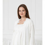 White maternity nightie & robe set by Mini Plum – side view, bump-friendly fit for pregnancy & postpartum