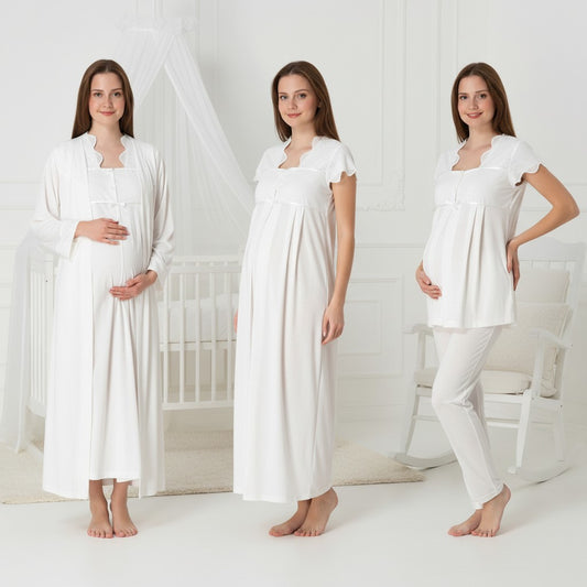 White 4-piece maternity set by Mini Plum – nursing nightwear with square neck, breastfeeding-friendly, hospital bag ready