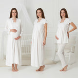 White 4 piece hospital bag set by Mini Plum – breastfeeding-friendly nursing nightie, pyjamas & robe hospital bag set