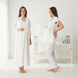White 4 piece hospital bag set by Mini Plum – lace neckline & button-front nursing detail, cotton modal
