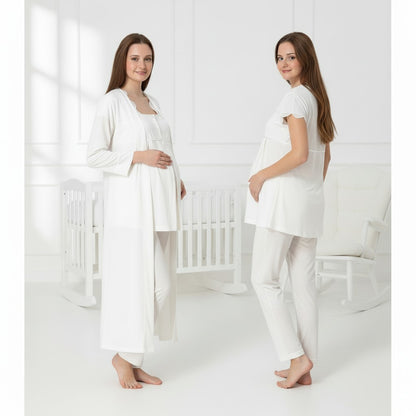 White 4-piece maternity set by Mini Plum – bump-friendly fit, side view
