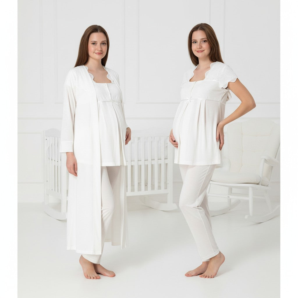 White 4-piece maternity set by Mini Plum – close-up of lace detail, soft cotton-modal fabric