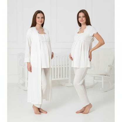 White 4-piece maternity set by Mini Plum – close-up of lace detail, soft cotton-modal fabric