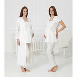 White 4 piece hospital bag set by Mini Plum – long-sleeve breastfeeding nightwear, fabric detail