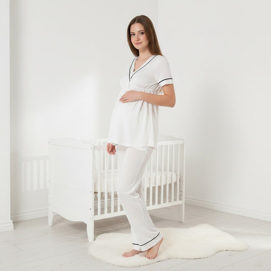 White maternity pyjamas by Mini Plum – short-sleeve nursing nightwear with V-neck, breastfeeding-friendly, hospital bag ready
