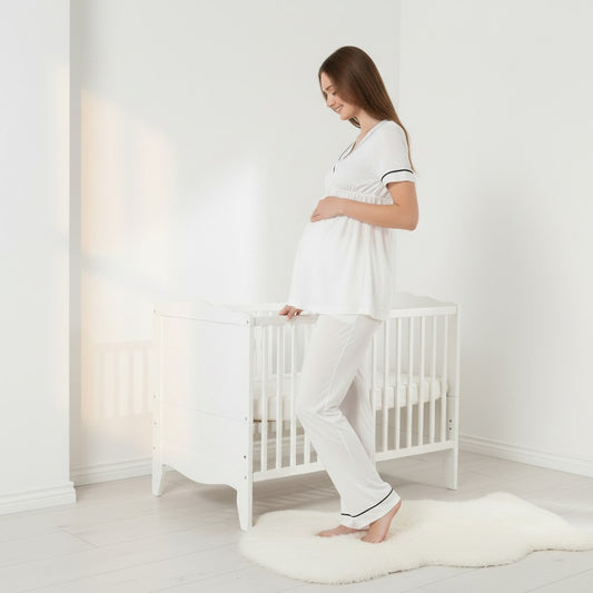 White maternity pyjamas by Mini Plum – button-front nursing opening and V-neck, maternity & nursing