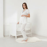 White maternity pyjamas by Mini Plum – long-sleeve breastfeeding nightwear, fabric detail