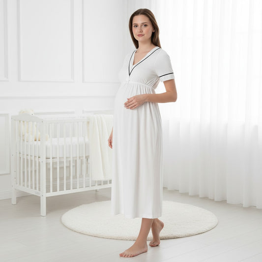 White maternity nightdress by Mini Plum – button-front nursing opening and V-neck, maternity & nursing