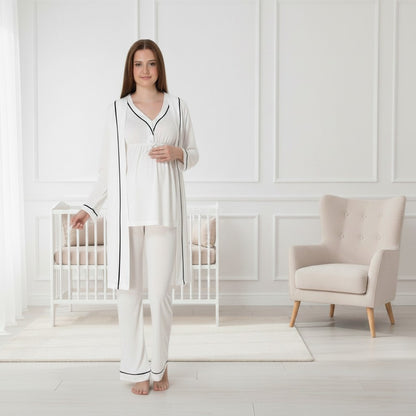White pyjama & robe set by Mini Plum – contrast piping and V-neck, maternity & nursing
