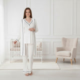 White maternity pyjama & robe set by Mini Plum – lace neckline & button-front nursing detail, cotton modal