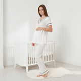 White maternity pyjama & robe set by Mini Plum – side view, bump-friendly fit for pregnancy & postpartum