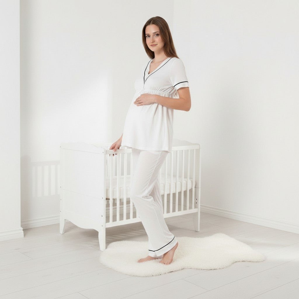 White pyjama & robe set by Mini Plum – full styling view, breastfeeding nightwear