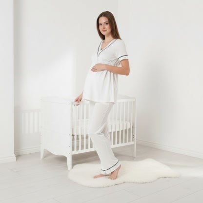 White pyjama & robe set by Mini Plum – full styling view, breastfeeding nightwear