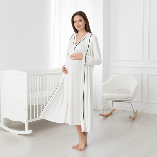 White nightie & robe set by Mini Plum – contrast piping and V-neck, maternity & nursing