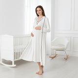 White maternity nightie & robe set by Mini Plum – lace neckline & button-front nursing detail, cotton modal