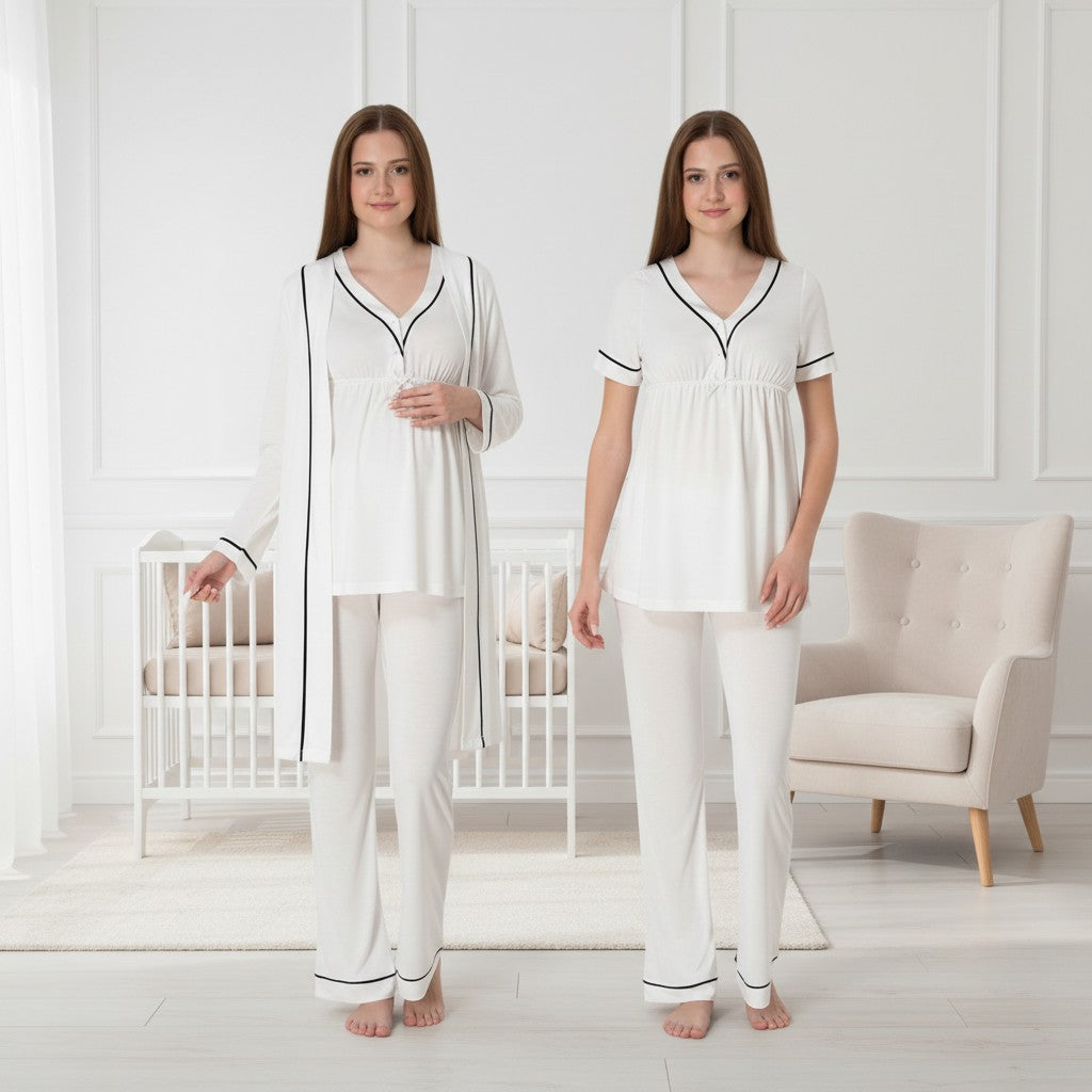 White pyjama & robe set by Mini Plum – nursing nightwear with V-neck, breastfeeding-friendly, hospital bag ready