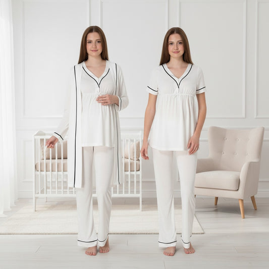 White pyjama & robe set by Mini Plum – nursing nightwear with V-neck, breastfeeding-friendly, hospital bag ready