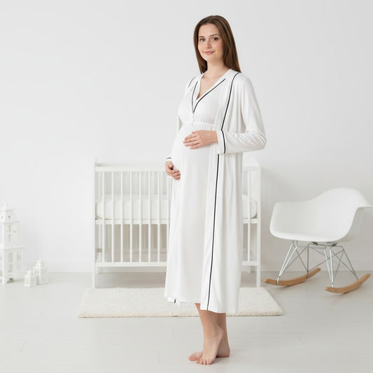 White pyjama & robe set by Mini Plum – contrast piping and V-neck, maternity & nursing