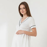 White 4 piece hospital bag set by Mini Plum – long-sleeve breastfeeding nightwear, fabric detail