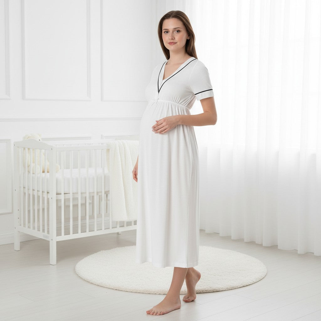 White pyjama & robe set by Mini Plum – white maternity nightwear detail, contrast piping