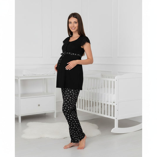 Black maternity pyjamas by Mini Plum – short-sleeve nursing nightwear with square neck, breastfeeding-friendly, hospital bag ready