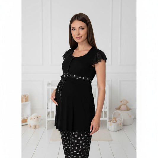 Black maternity pyjamas by Mini Plum – lace detail and square neck, maternity & nursing