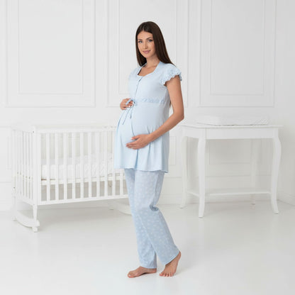 Blue maternity pyjamas by Mini Plum – short-sleeve nursing nightwear with square neck, breastfeeding-friendly, hospital bag ready