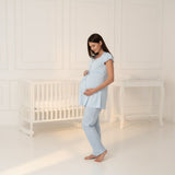 Blue maternity pyjamas by Mini Plum – lace neckline & button-front nursing detail, cotton modal