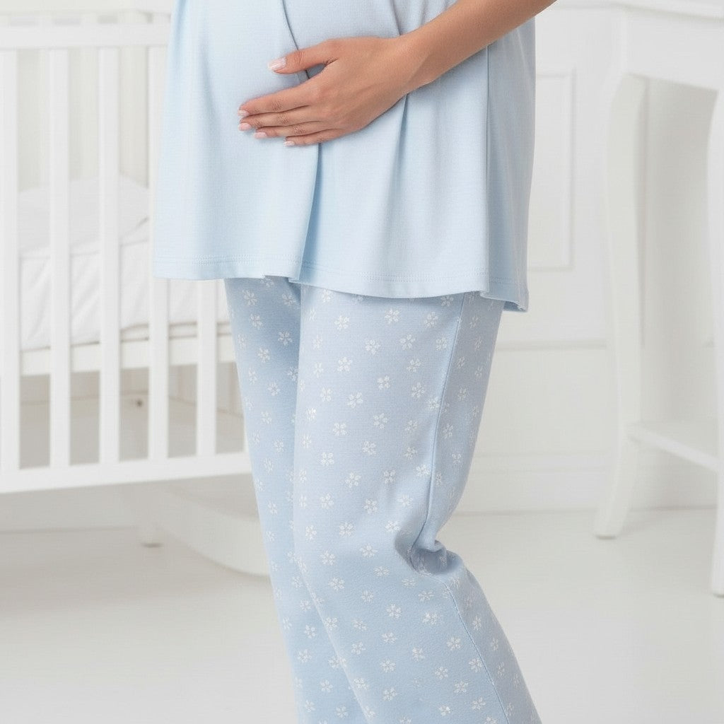 Blue maternity pyjamas by Mini Plum – short-sleeve with button-front nursing opening, side view