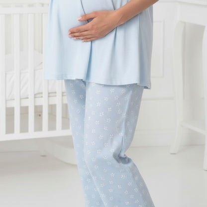 Blue maternity pyjamas by Mini Plum – short-sleeve with button-front nursing opening, side view