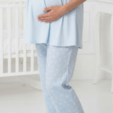 Blue maternity pyjamas by Mini Plum – side view, bump-friendly fit for pregnancy & postpartum