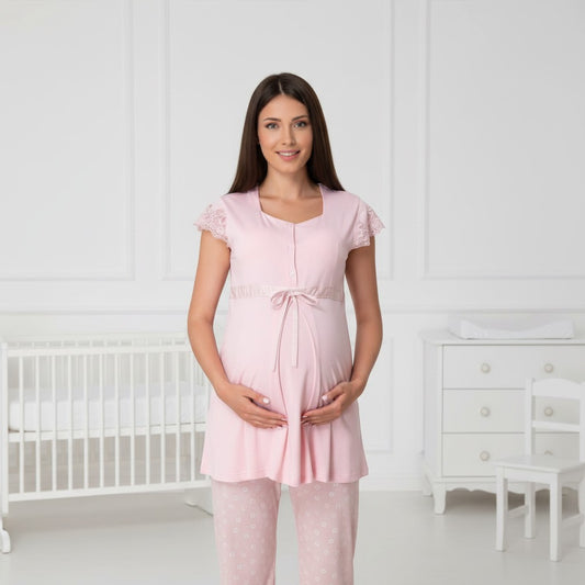 Pink maternity pyjamas by Mini Plum – short-sleeve nursing nightwear with square neck, breastfeeding-friendly, hospital bag ready