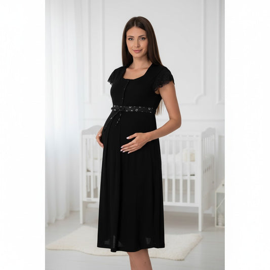 Black maternity nightdress by Mini Plum – short-sleeve nursing nightwear with scoop neck, breastfeeding-friendly, hospital bag ready