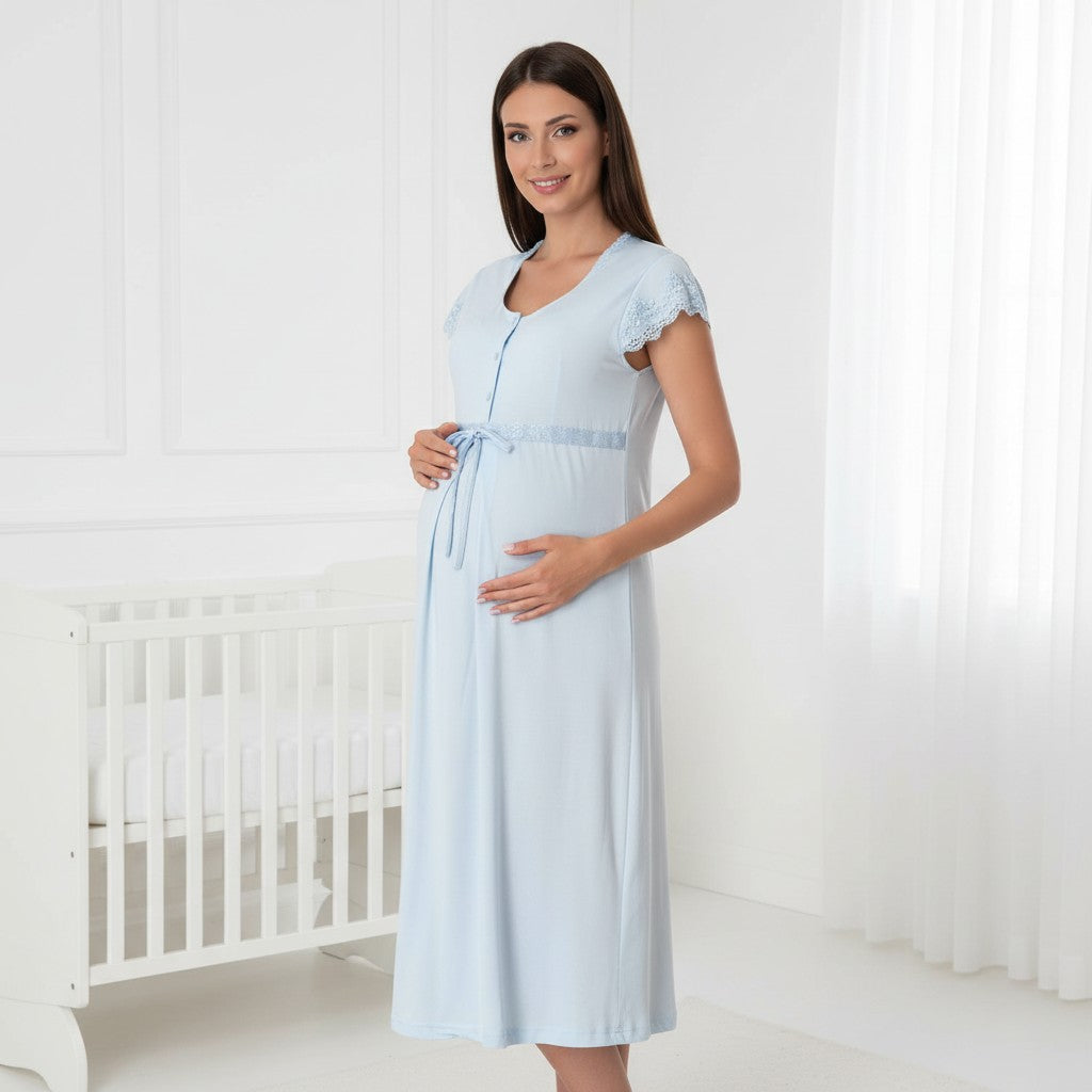 Blue maternity nightdress by Mini Plum – lace detail and scoop neck, maternity & nursing