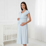 Blue maternity nightie by Mini Plum – lace neckline & button-front nursing detail, cotton modal