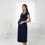 Navy maternity nightie by Mini Plum – side view, bump-friendly fit for pregnancy & postpartum