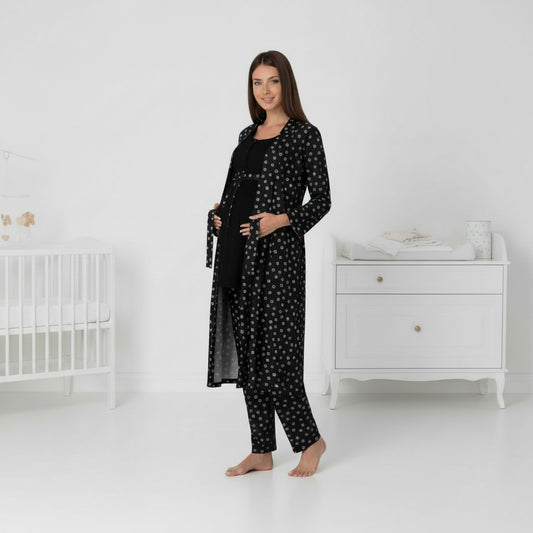 Black pyjama & robe set by Mini Plum – nursing nightwear with square neck, breastfeeding-friendly, hospital bag ready