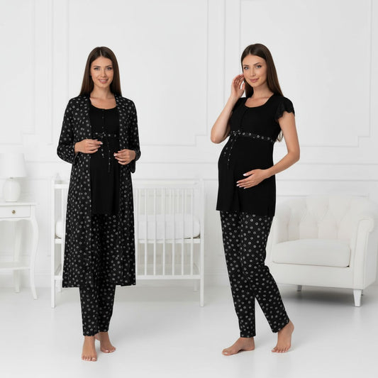 Black pyjama & robe set by Mini Plum – polka dot and square neck, maternity & nursing