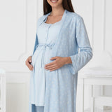Blue maternity pyjama & robe set by Mini Plum – side view, bump-friendly fit for pregnancy & postpartum