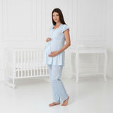 Blue maternity pyjama & robe set by Mini Plum – long-sleeve breastfeeding nightwear, fabric detail