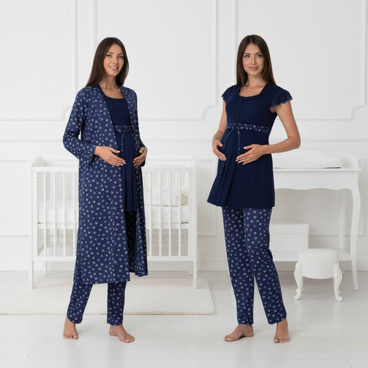 Navy pyjama & robe set by Mini Plum – nursing nightwear with square neck, breastfeeding-friendly, hospital bag ready