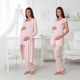 Pink maternity pyjama & robe set by Mini Plum – lace neckline & button-front nursing detail, cotton modal