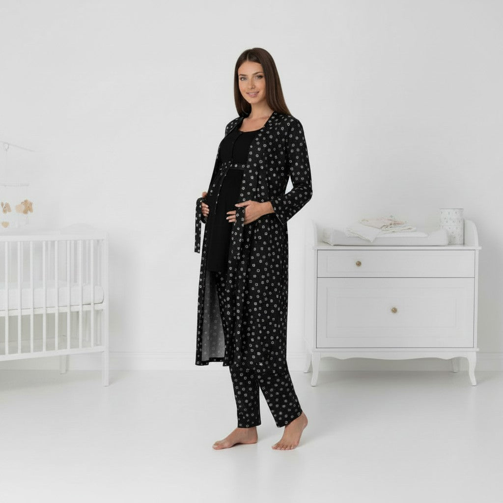Black pyjama & robe set by Mini Plum – bump-friendly fit, side view