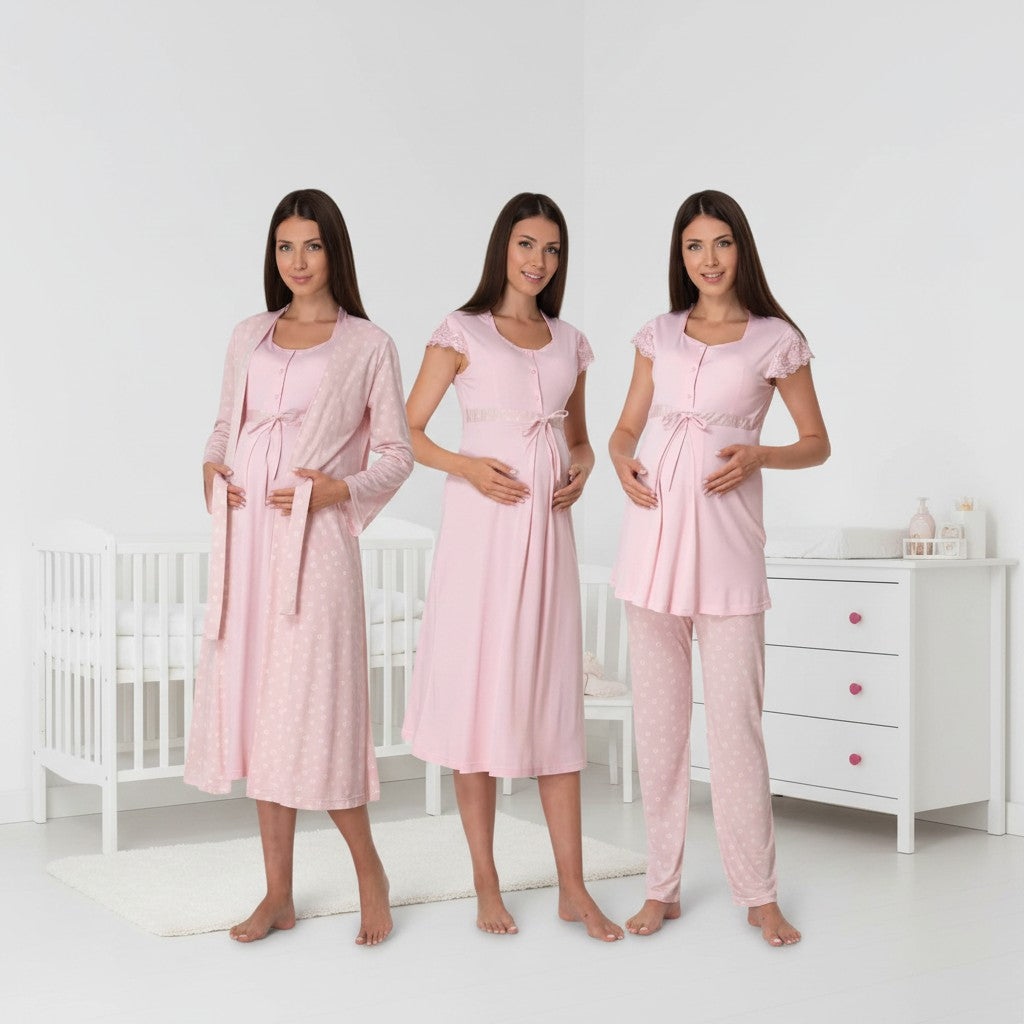Pink pyjama & robe set by Mini Plum – nursing nightwear with square neck, breastfeeding-friendly, hospital bag ready