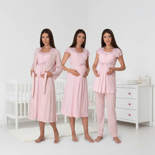 Pink pyjama & robe set by Mini Plum – nursing nightwear with square neck, breastfeeding-friendly, hospital bag ready