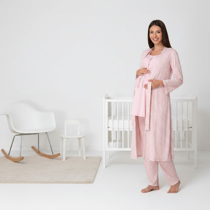 Pink pyjama & robe set by Mini Plum – soft cotton modal and square neck, maternity & nursing