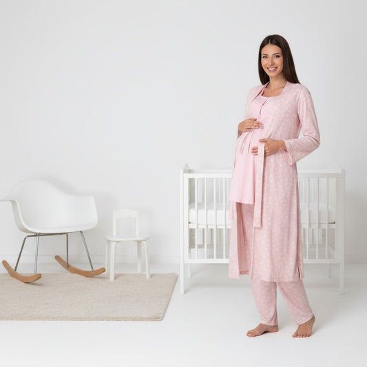 Pink pyjama & robe set by Mini Plum – soft cotton modal and square neck, maternity & nursing