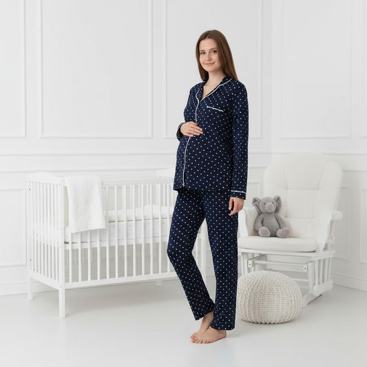 Navy maternity pyjamas by Mini Plum – long-sleeve nursing nightwear with shirt collar, breastfeeding-friendly, hospital bag ready